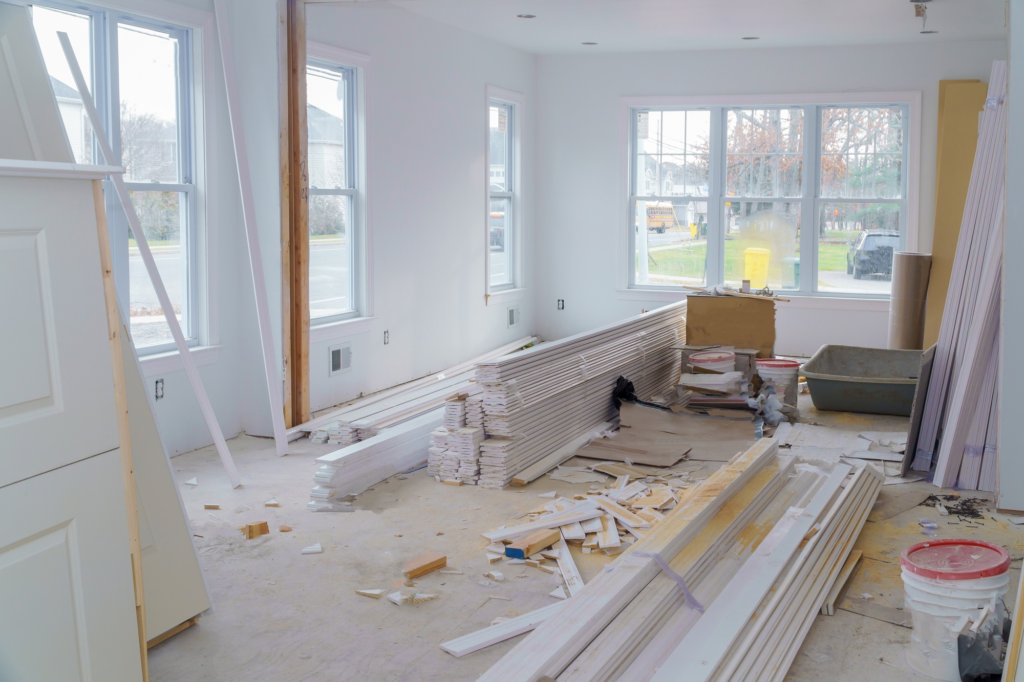 Interior construction of housing project with drywall installed door for a new home before